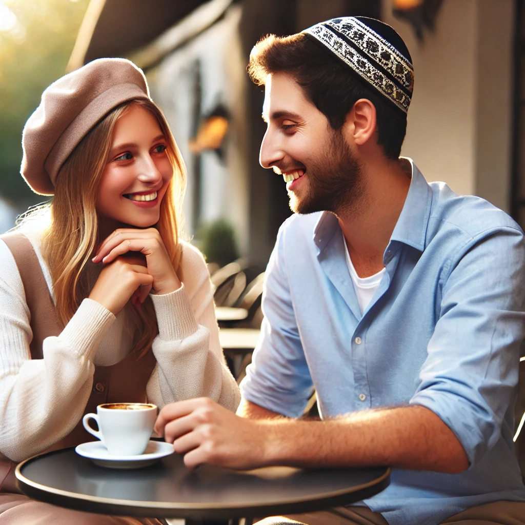 DALL·E 2024-09-02 15.37.42 - A modestly dressed woman and a man wearing a Jewish skullcap enjoying a simple coffee date outdoors. The scene should be warm and inviting, with both