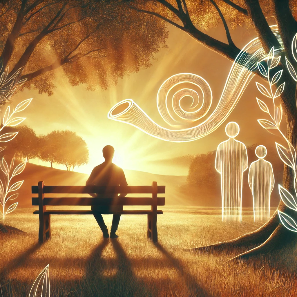 DALL·E 2024-09-25 14.59.53 - A serene and reflective image representing personal and relationship growth during the month of Elul. The scene shows a person sitting on a bench in a