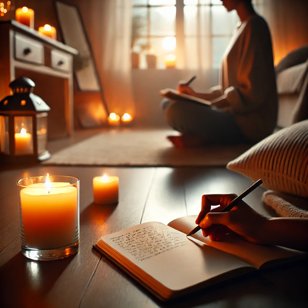 DALL·E 2024-10-01 12.22.47 - A calming, intimate scene of a person reflecting quietly by candlelight, with a journal open, writing down thoughts. The setting is soft and cozy, evo