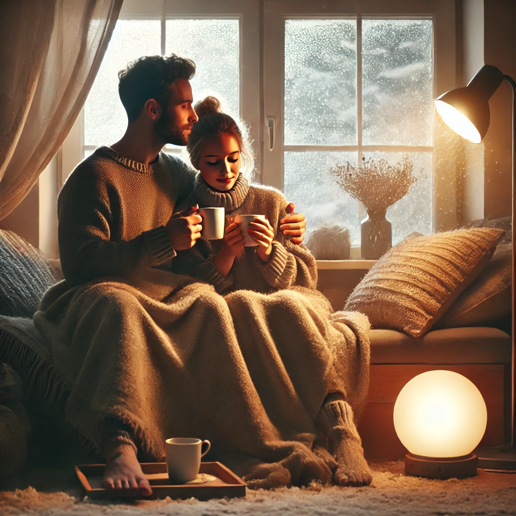 DALL·E 2024-12-11 13.20.59 - A cozy winter scene with a couple sitting together on a couch, wrapped in blankets, sipping warm drinks like tea or hot chocolate. The room is softly