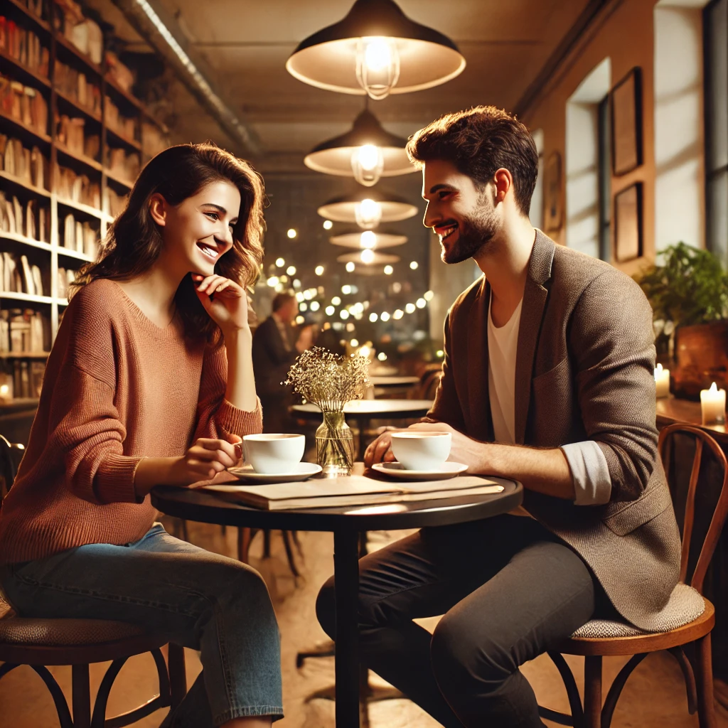 DALL·E 2025-01-23 13.45.10 - A warm and intimate scene of two people on a first date at a cozy café, seated across from each other at a small table with cups of coffee. They are e